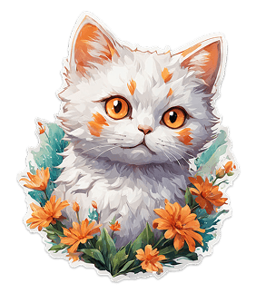 Watercolor cat illustration with orange flowers