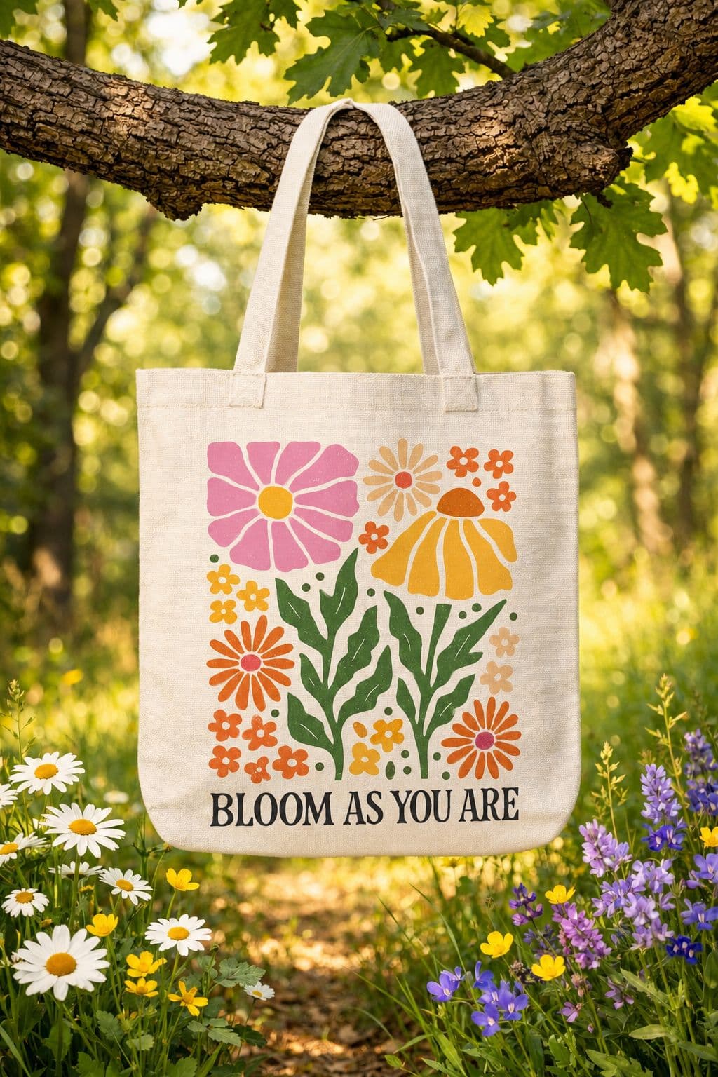 Bloom as you are floral tote bag hanging in a garden